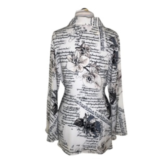 NWT Mischa Cream & Black Bell Sleeve Tie Waist Abstract Floral Tunic Size L - Picture 3 of 9